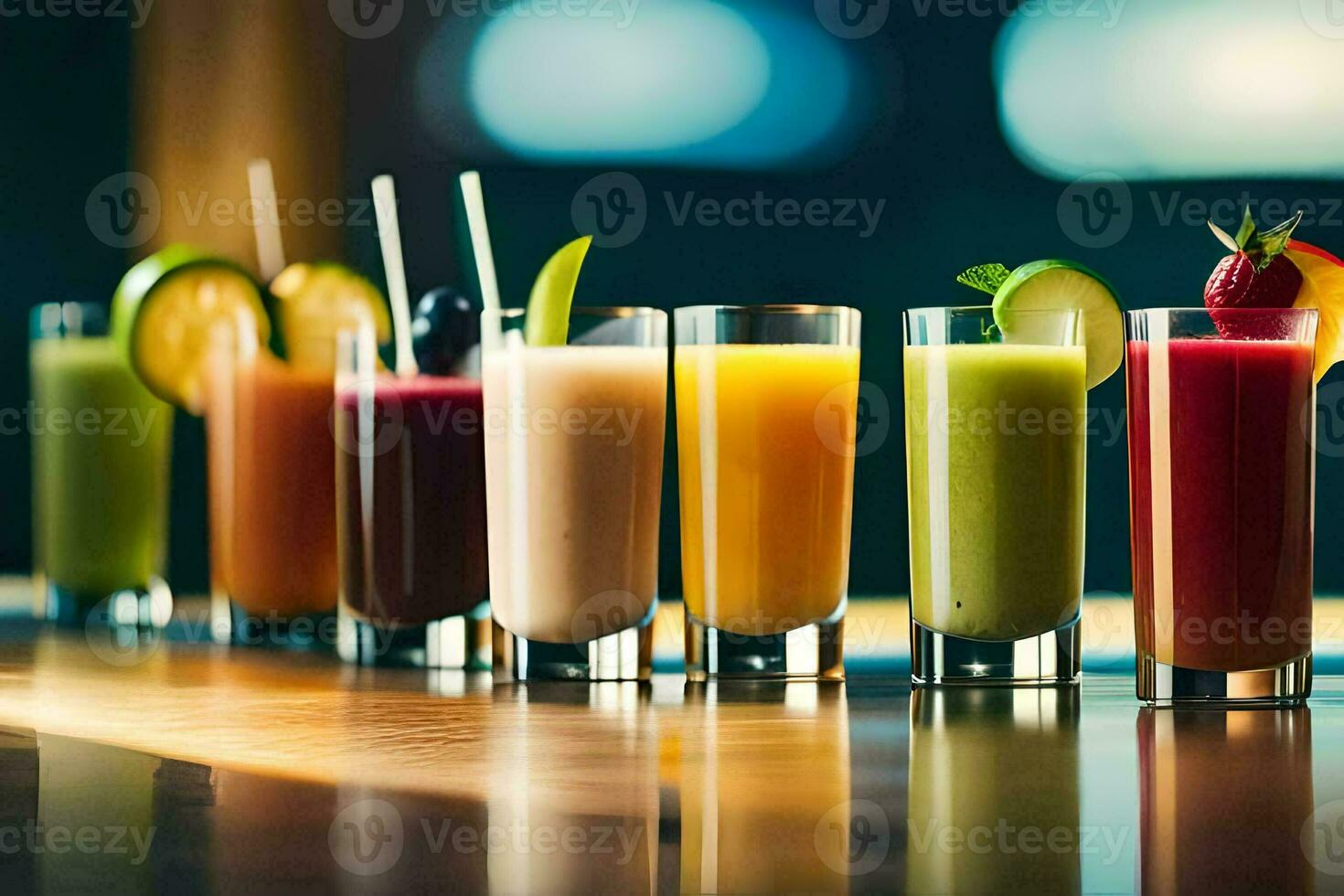 ein Reihe von anders farbig Smoothies auf ein Bar. KI-generiert foto