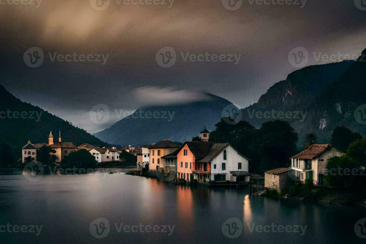 ein See und Häuser im das Berge. KI-generiert foto