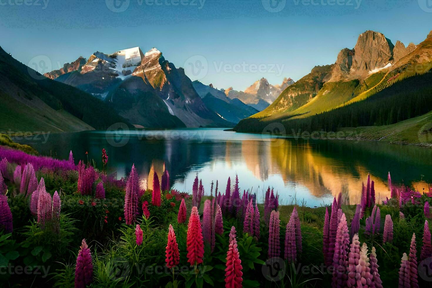 das See und Blumen sind im das Vordergrund, das Berge sind im das Hintergrund. KI-generiert foto