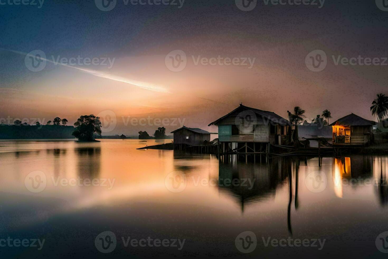 ein Haus auf das Wasser beim Sonnenuntergang. KI-generiert foto