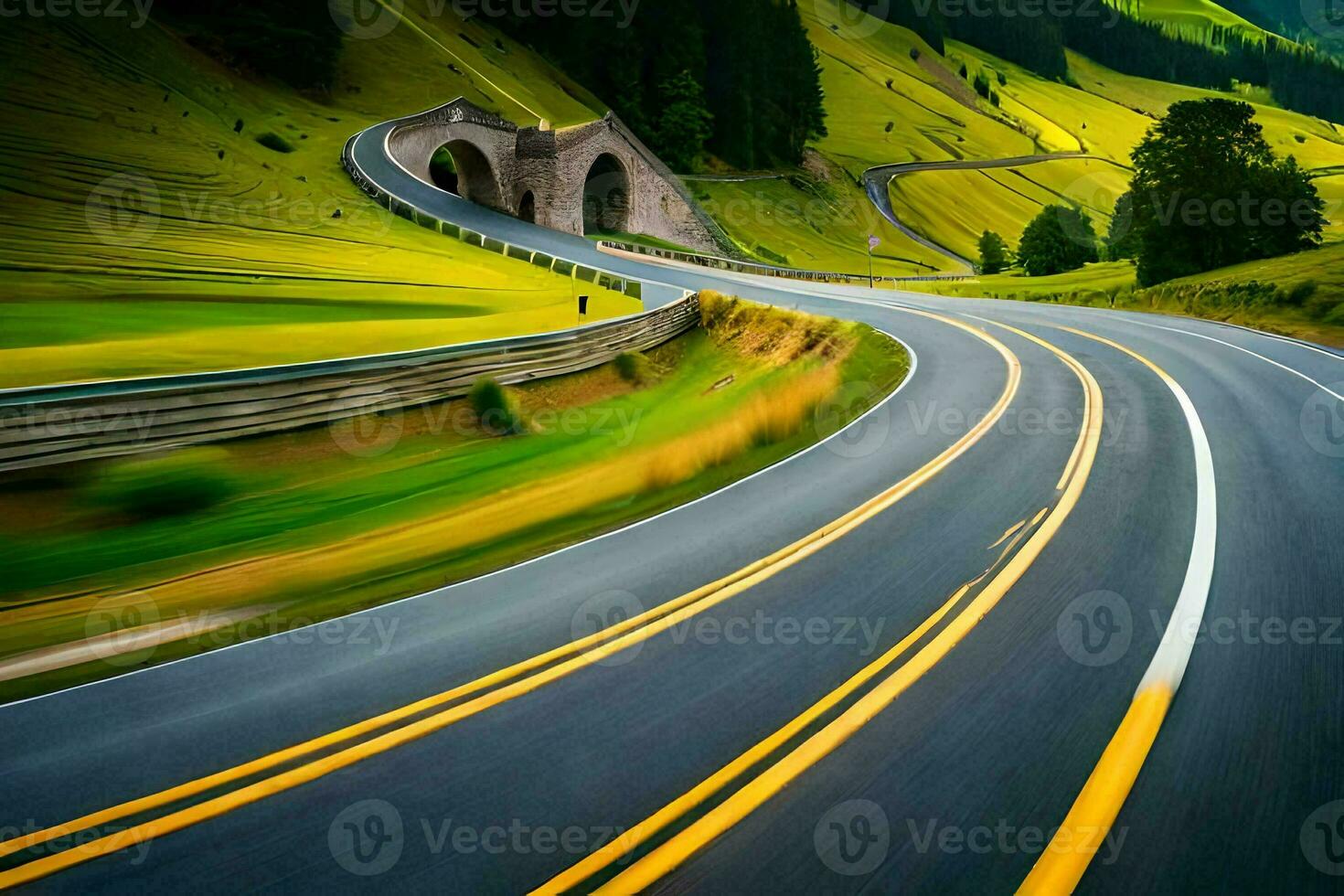 ein lang, Wicklung Straße im das Berge. KI-generiert foto