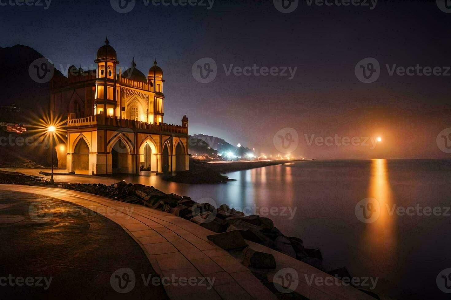 das Mond steigt an Über das Moschee beim Nacht. KI-generiert foto