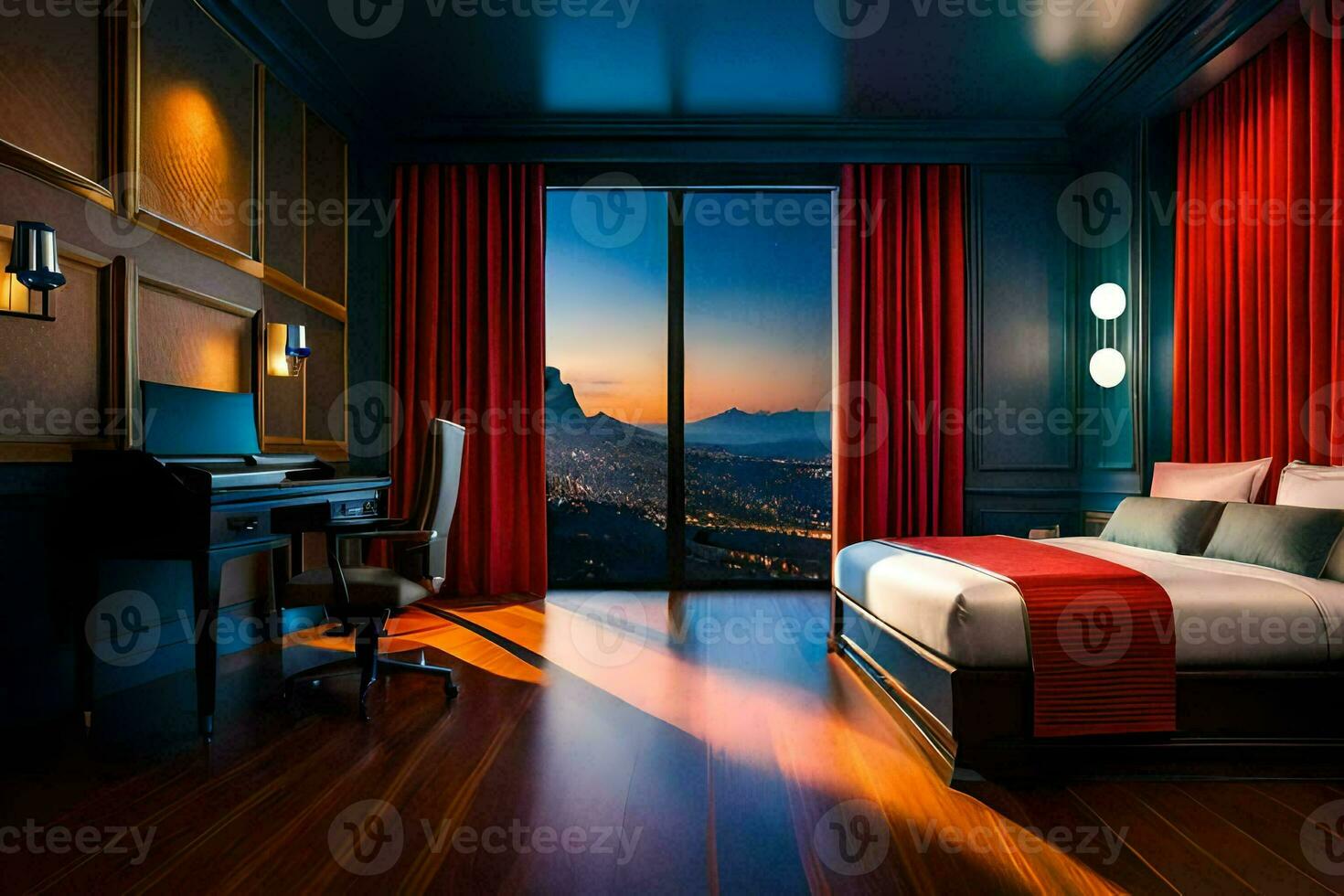 ein Hotel Zimmer mit ein Aussicht von das Stadt. KI-generiert foto