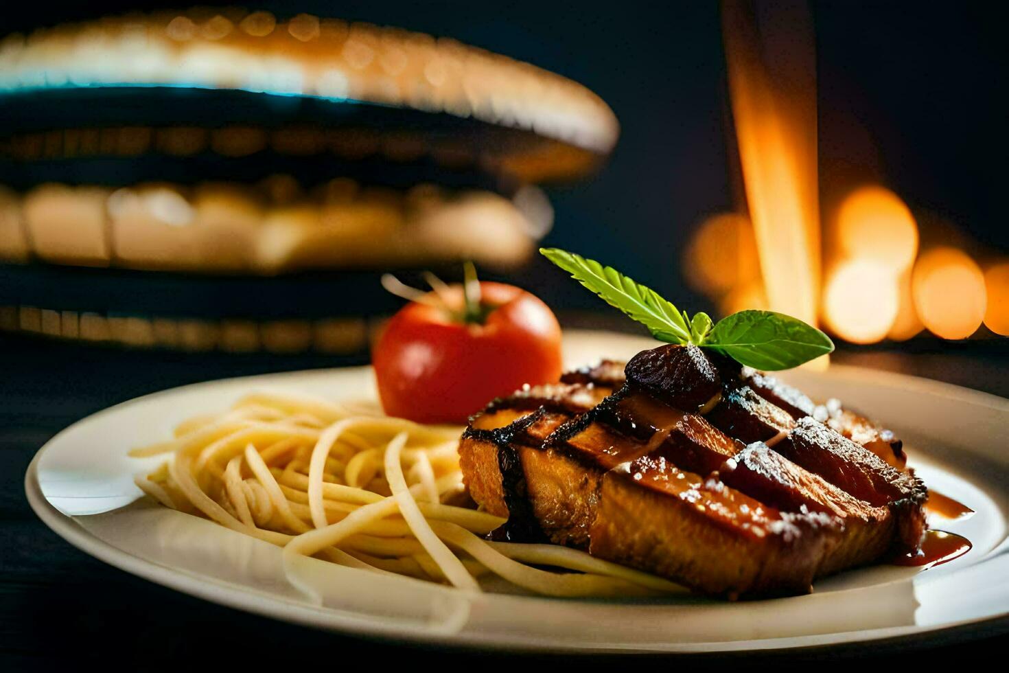 gegrillt Lachs mit Spaghetti und Tomate Soße auf ein Weiß Platte. KI-generiert foto