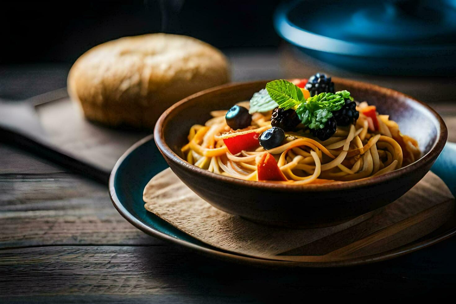 Spaghetti mit Brombeeren und Minze auf ein hölzern Tisch. KI-generiert foto