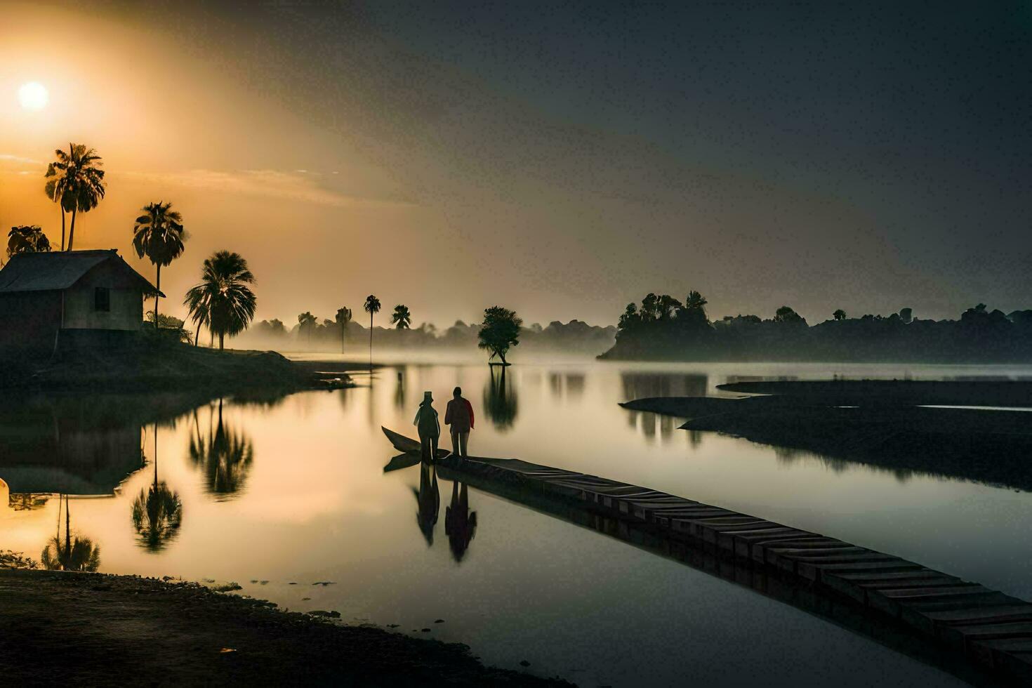 zwei Menschen gehen auf ein Dock beim Sonnenaufgang im ein See. KI-generiert foto