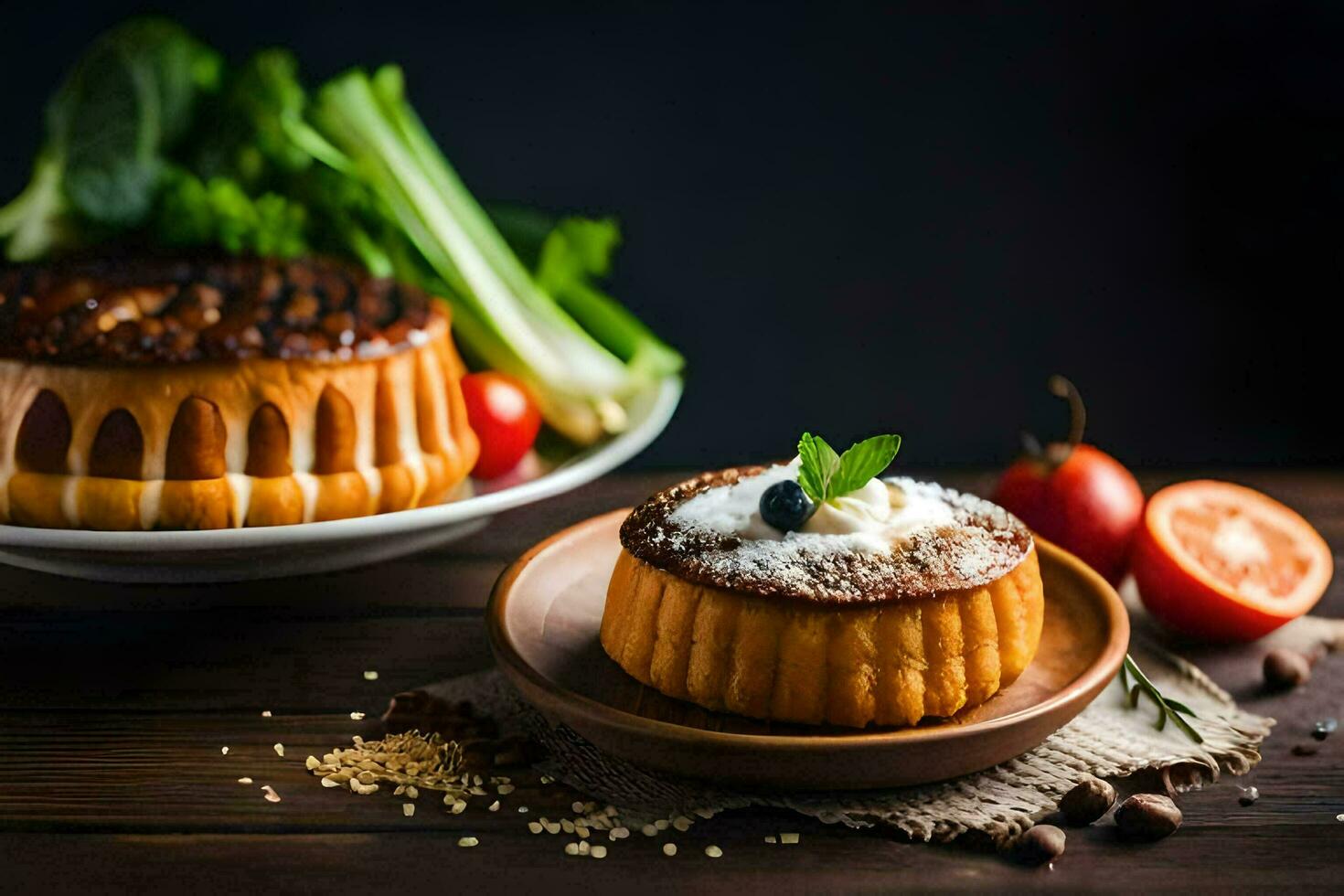 ein Teller mit ein Kuchen und Gemüse. KI-generiert foto