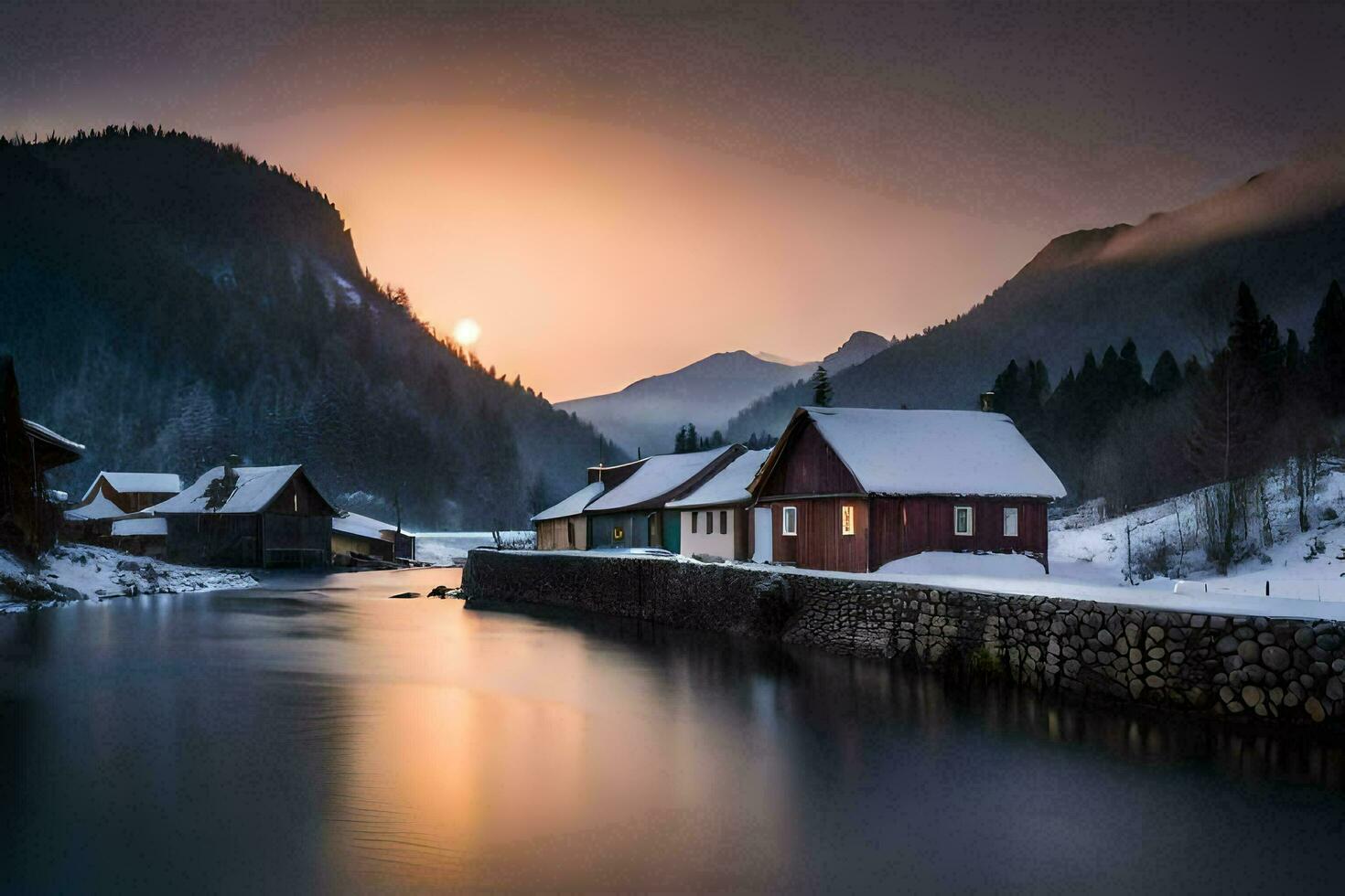 ein Fluss läuft durch ein schneebedeckt Berg Senke mit Häuser. KI-generiert foto