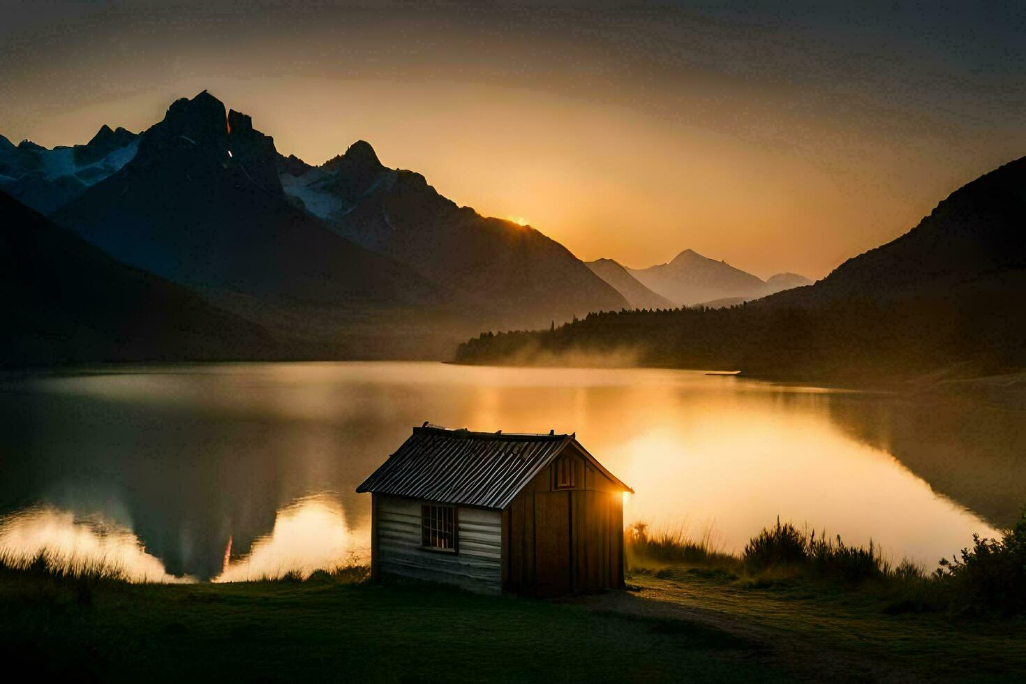 das Kabine, See, Berge, Sonnenaufgang, hd Hintergrund. KI-generiert foto
