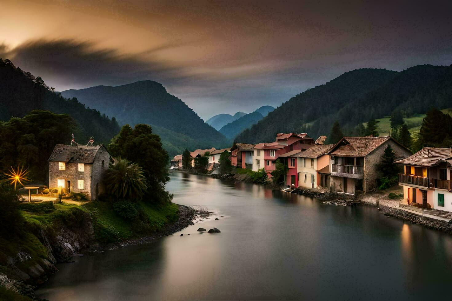 Foto Hintergrund das Himmel, Berge, Fluss, Häuser, das Nacht, das Berge, das Fluss. KI-generiert