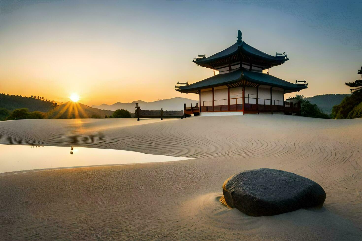 das Sonne steigt an Über das Pagode im das Sand Dünen. KI-generiert foto