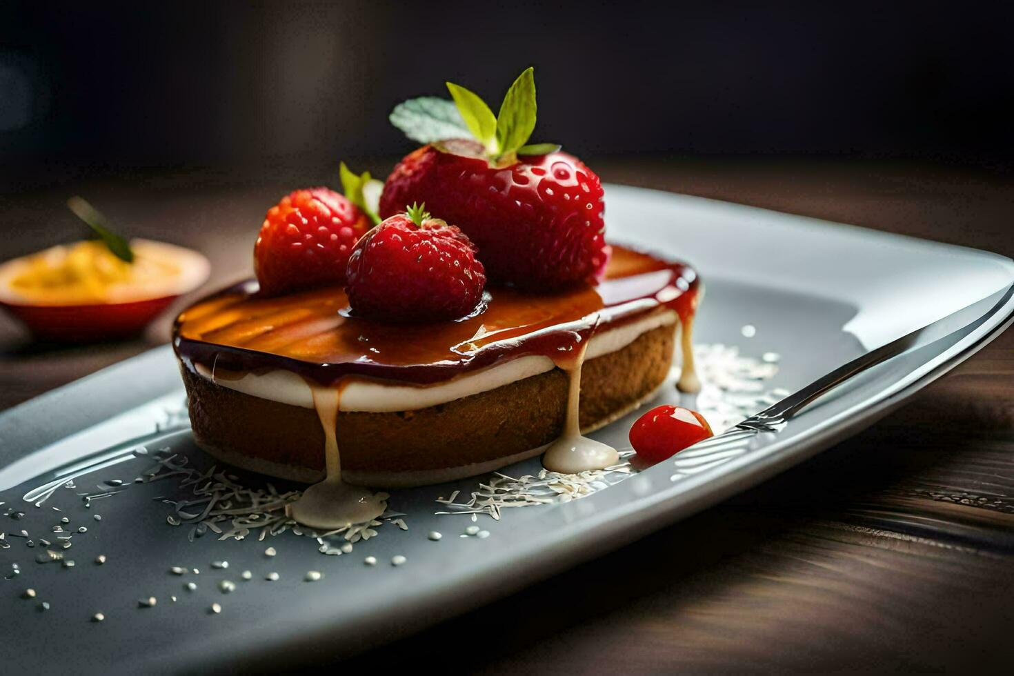 ein Dessert mit Erdbeeren und Sahne auf ein Platte. KI-generiert foto