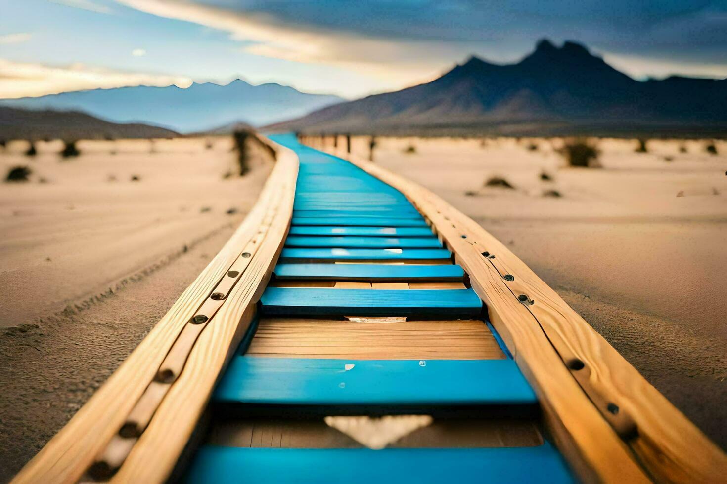 ein hölzern Brücke im das Wüste mit Berge im das Hintergrund. KI-generiert foto