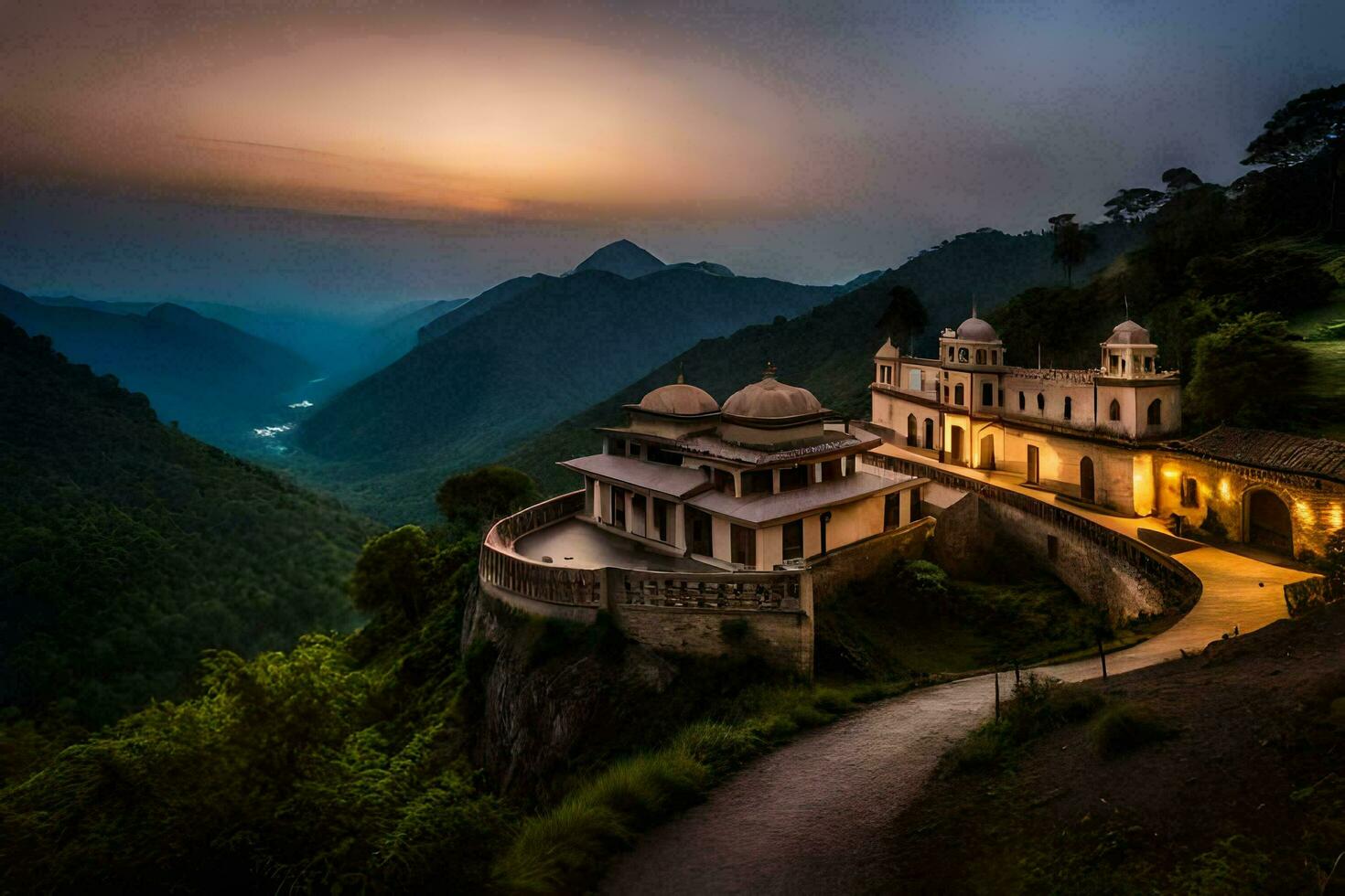 das Sonnenuntergang Über das Berge im Indien. KI-generiert foto