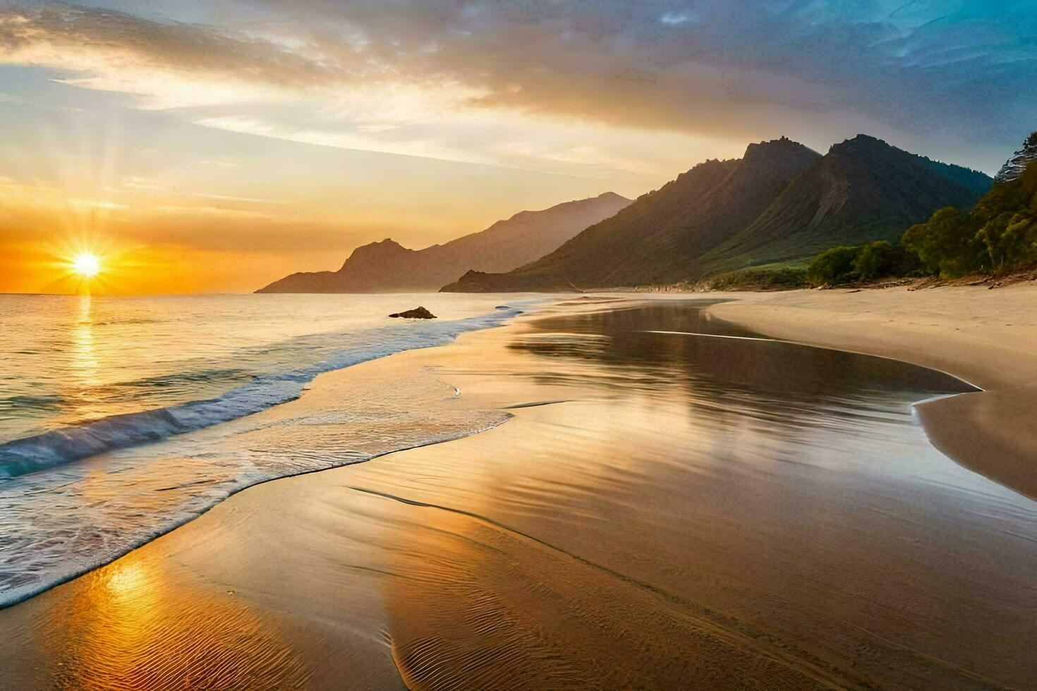 das Sonne setzt auf das Strand beim Kauai. KI-generiert foto