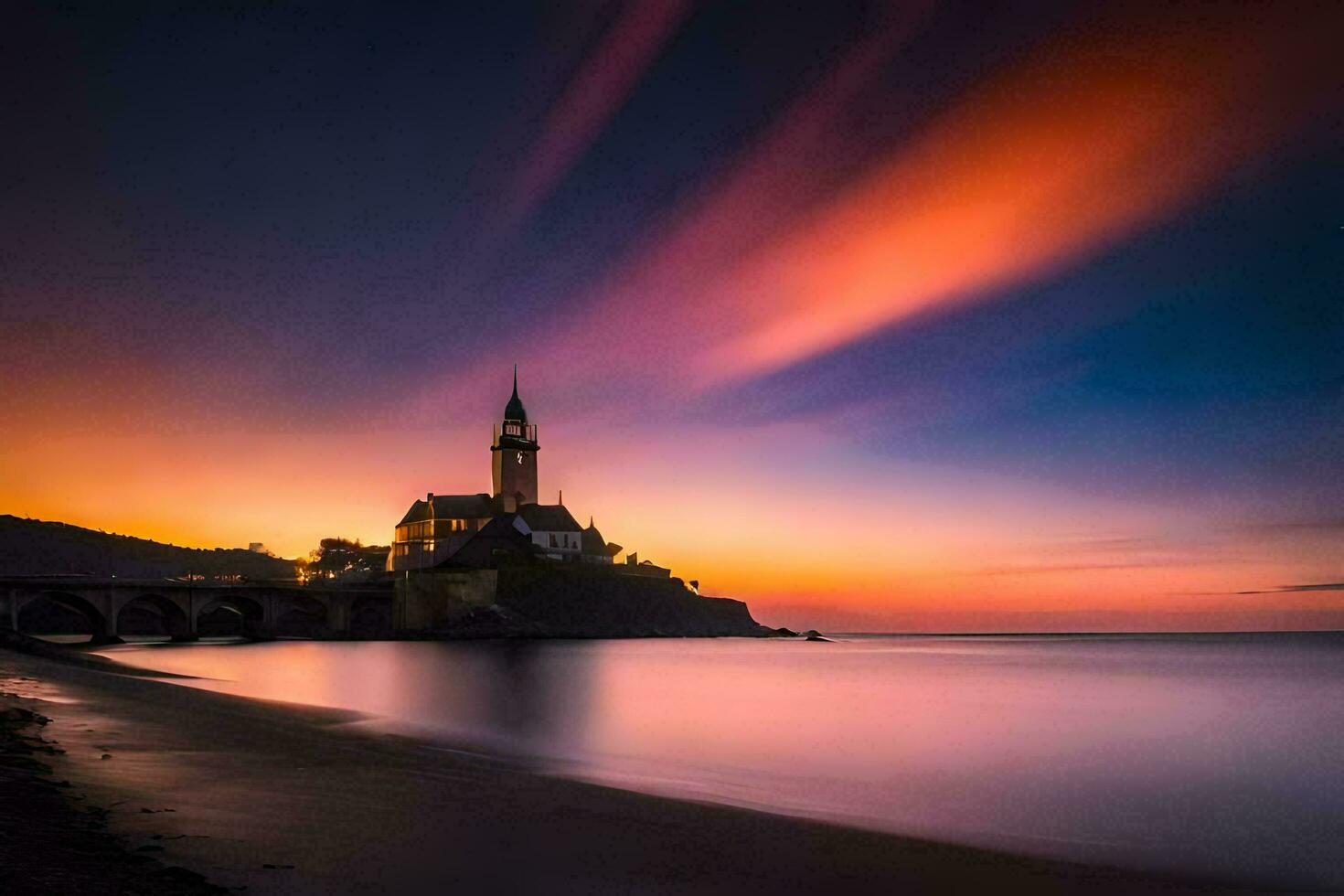 ein Kirche auf das Strand beim Sonnenuntergang. KI-generiert foto