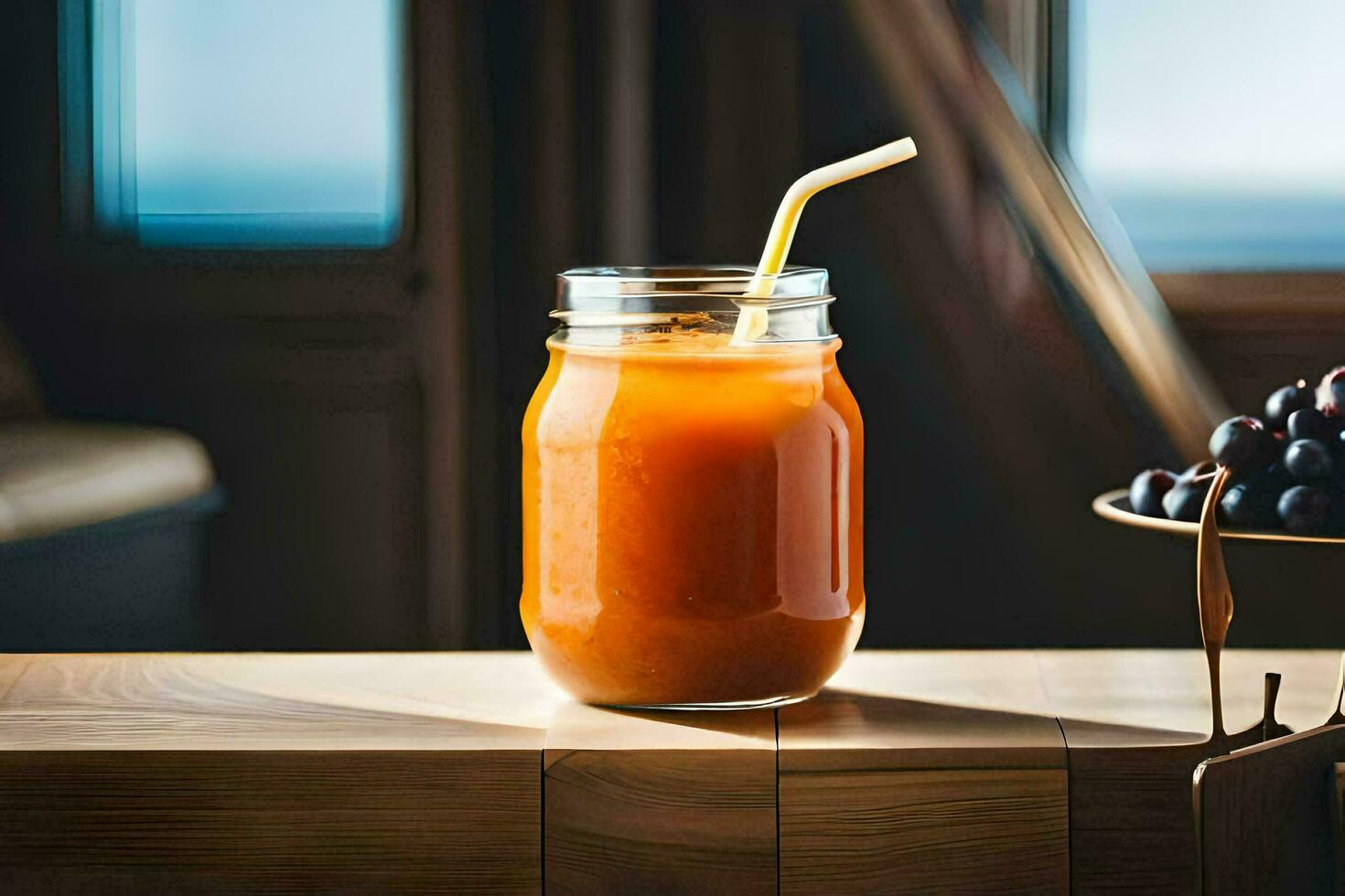 ein Glas von Orange Saft auf ein Tisch. KI-generiert foto