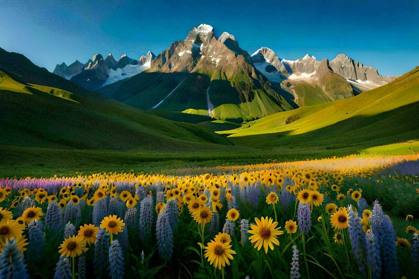 das Sonnenblumen sind Blühen im das Berge. KI-generiert foto