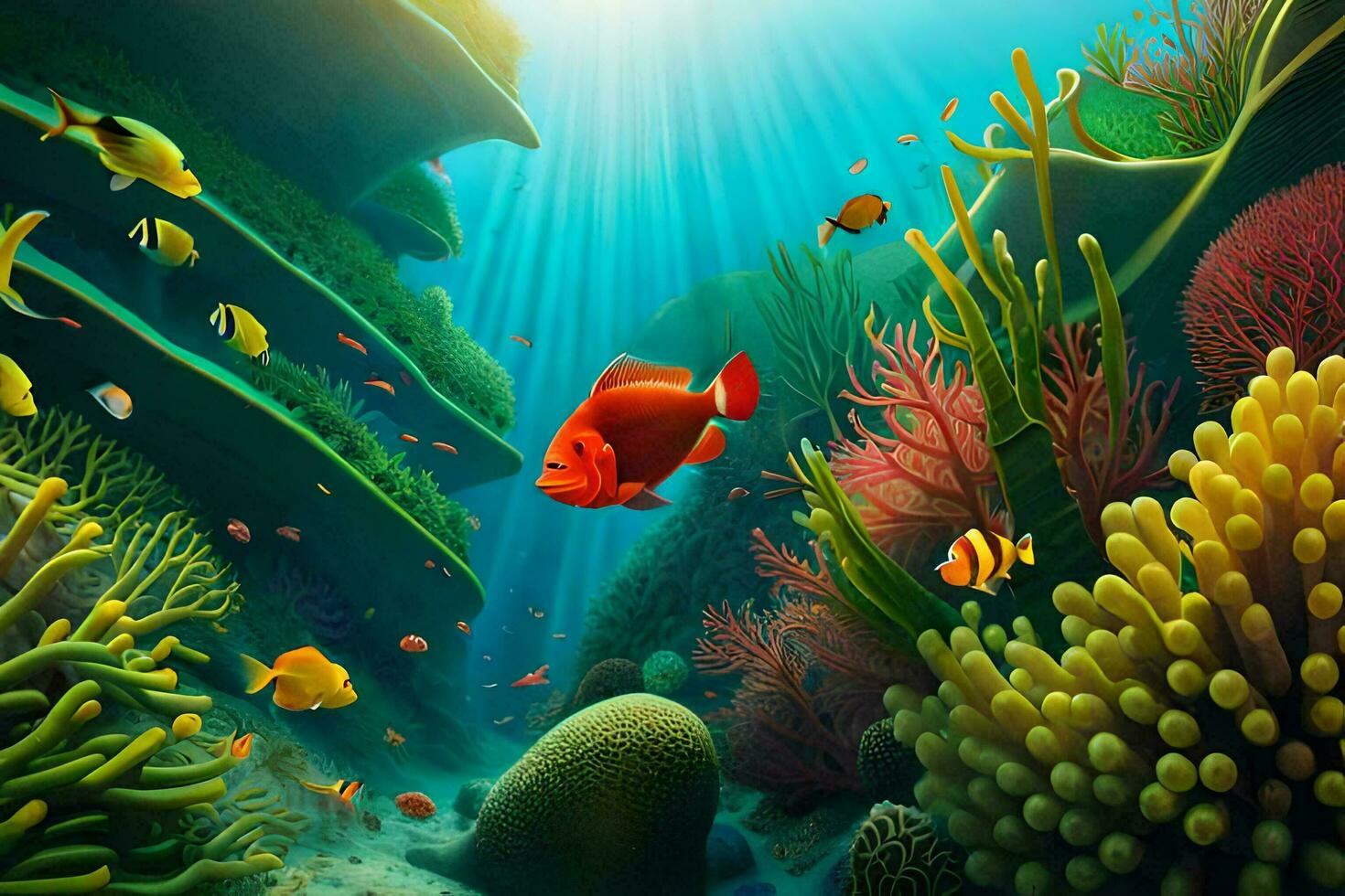ein unter Wasser Szene mit Fisch und Korallen. KI-generiert foto