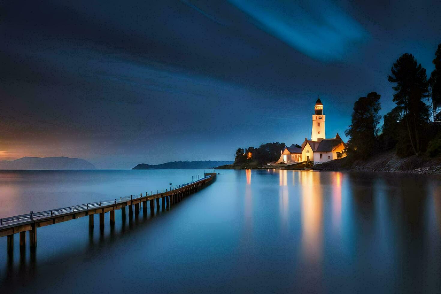 ein Leuchtturm im das Mitte von das Ozean beim Nacht. KI-generiert foto