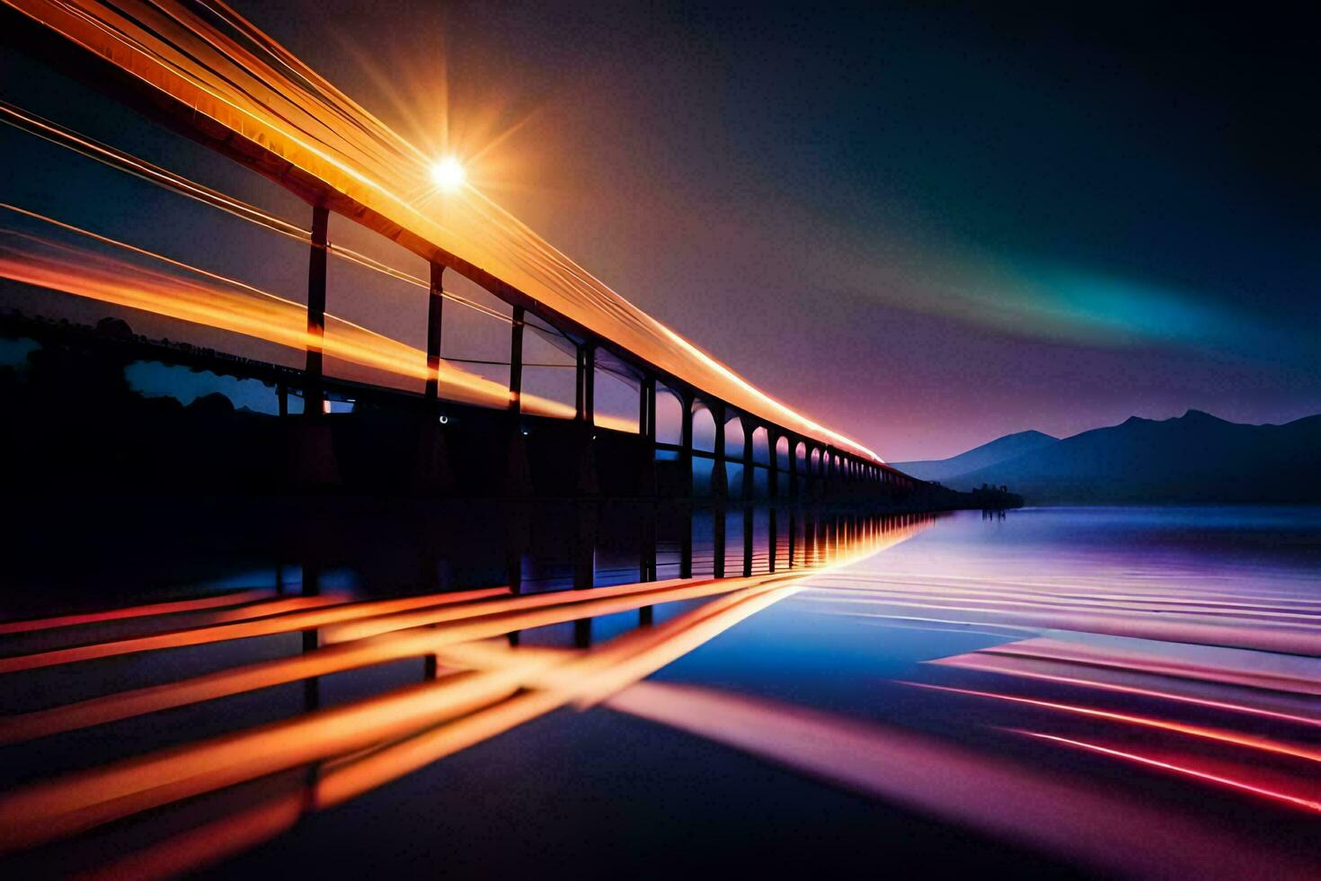 ein Brücke Über Wasser beim Nacht mit Beleuchtung. KI-generiert foto