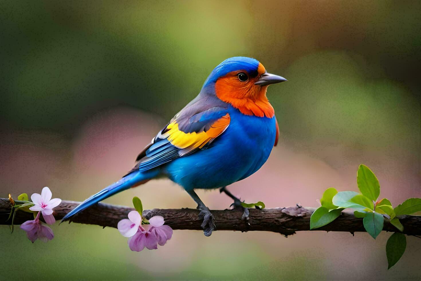 ein bunt Vogel sitzt auf ein Ast mit Blumen. KI-generiert foto