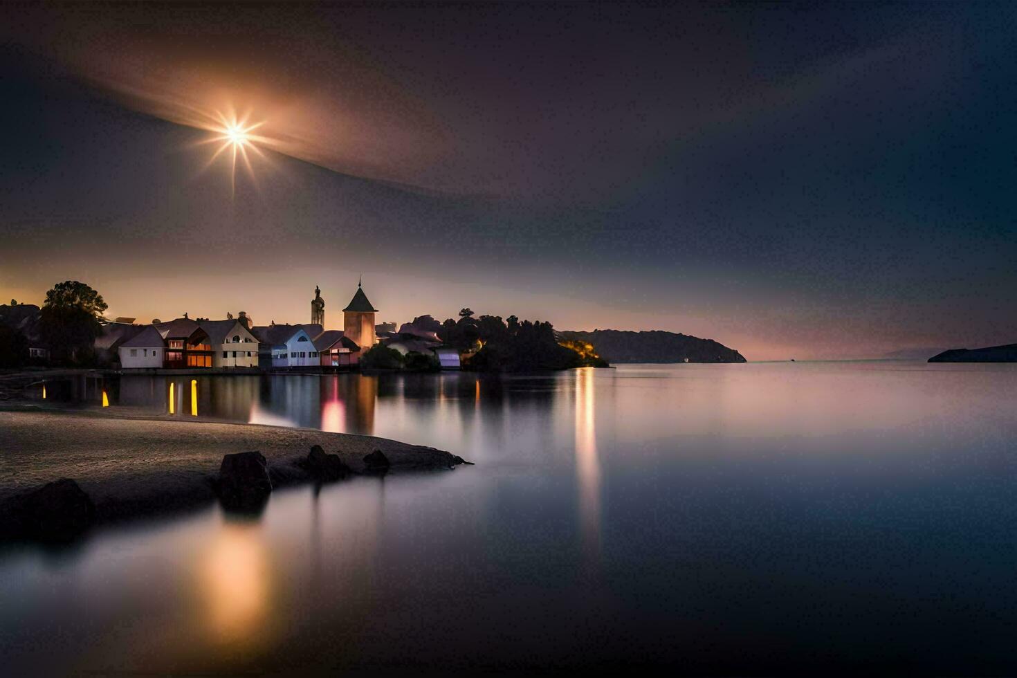 das Mond steigt an Über ein Stadt, Dorf auf das Ufer von ein See. KI-generiert foto