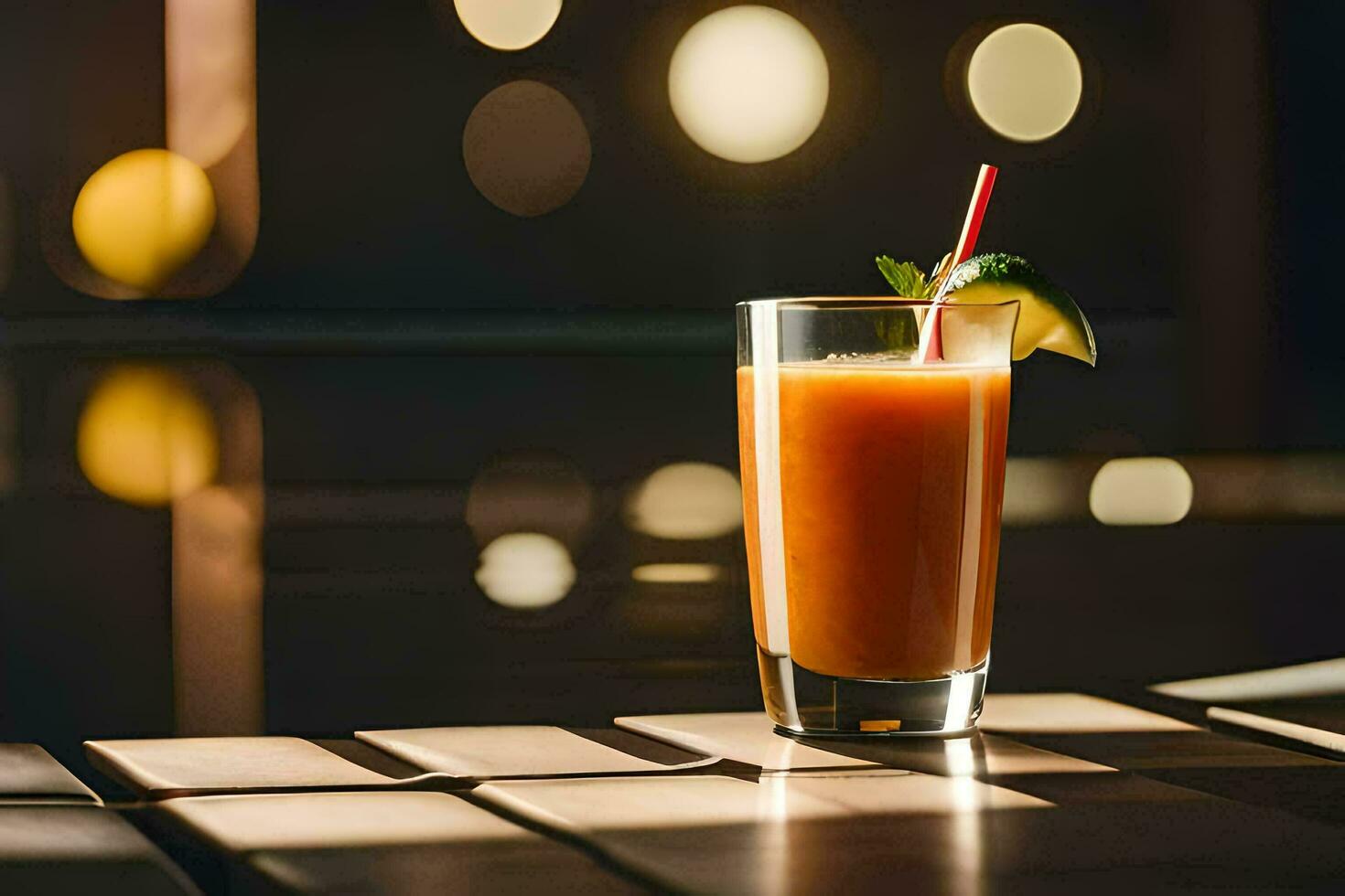 ein Glas von Orange Saft Sitzung auf ein Tisch. KI-generiert foto