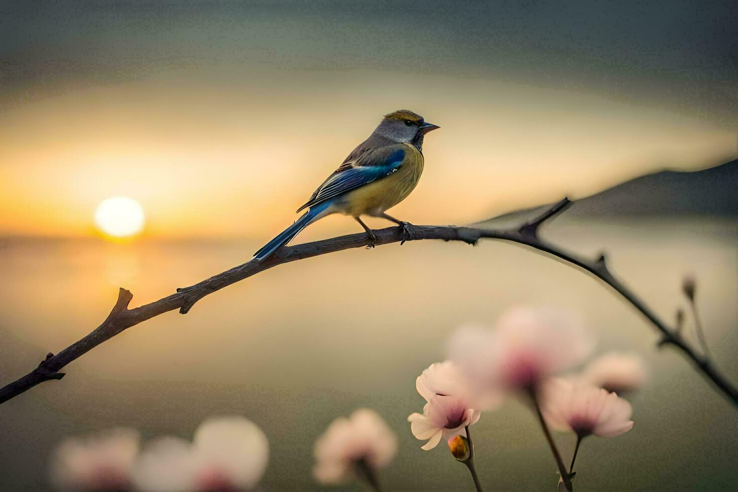 ein Vogel sitzt auf ein Ast mit Blumen im das Hintergrund. KI-generiert foto