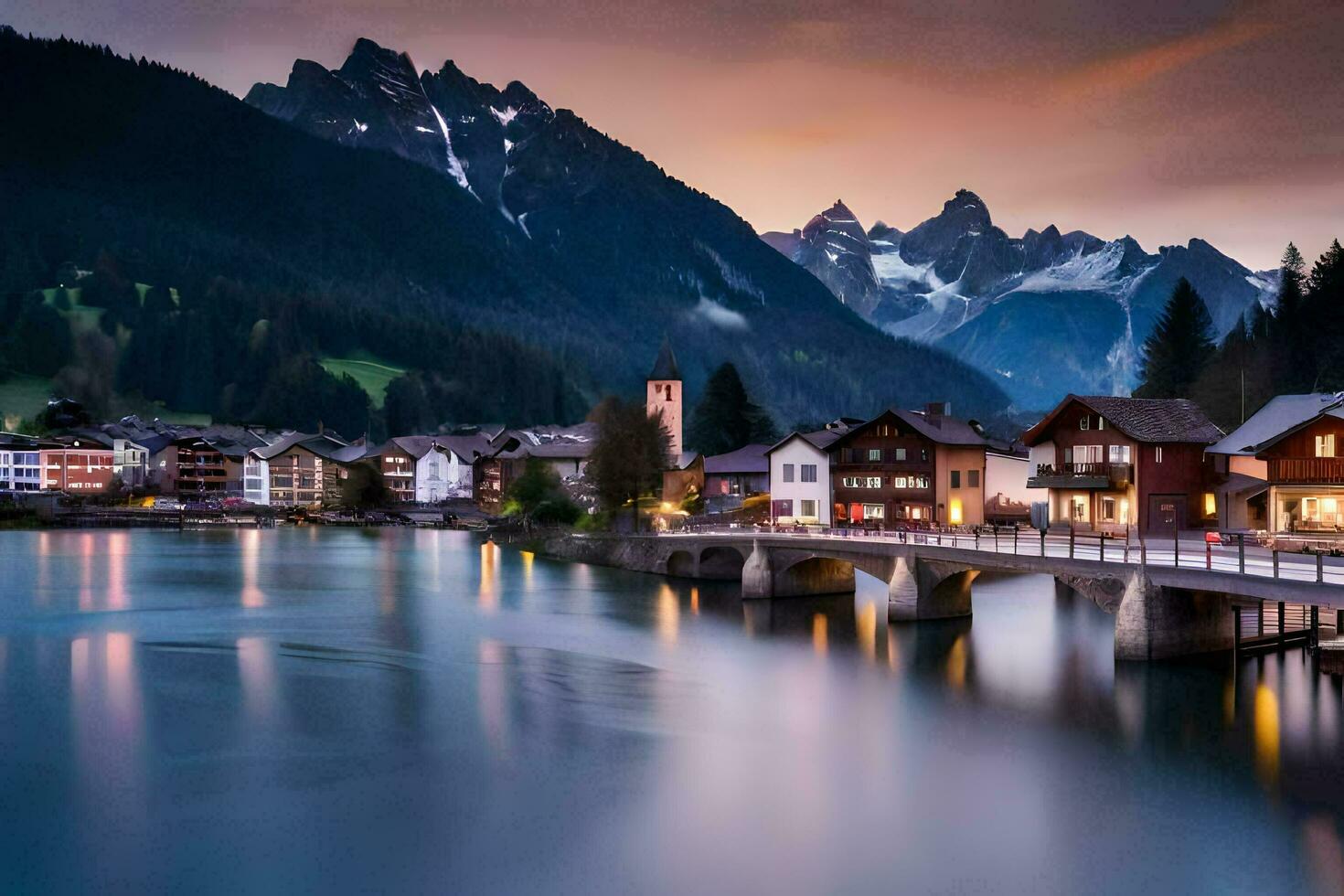 Foto Hintergrund das Himmel, Berge, Wasser, Häuser, See, Stadt, Brücke, Berge,. KI-generiert