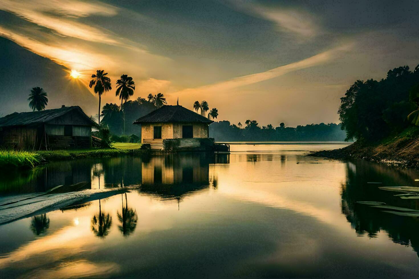 ein Haus auf das Fluss beim Sonnenuntergang. KI-generiert foto