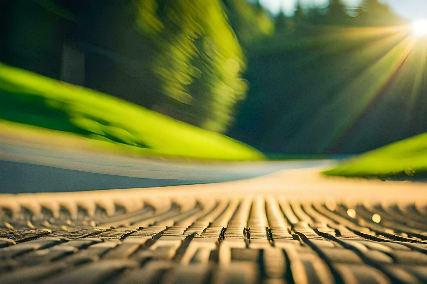 ein Straße mit ein Sonne leuchtenden durch das Bäume. KI-generiert foto