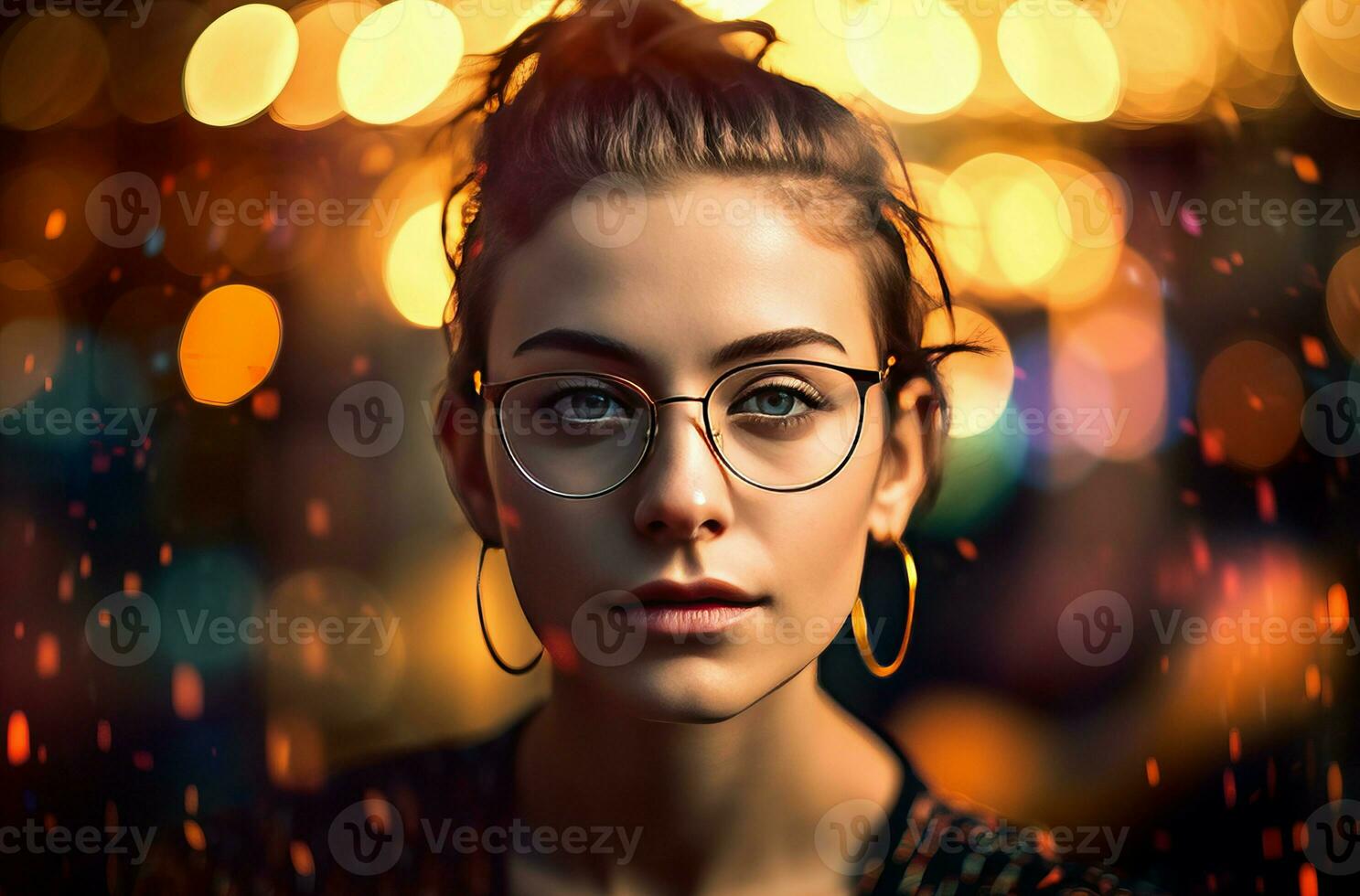 weiblich Brille Vorderseite Bokeh Foto. generieren ai foto