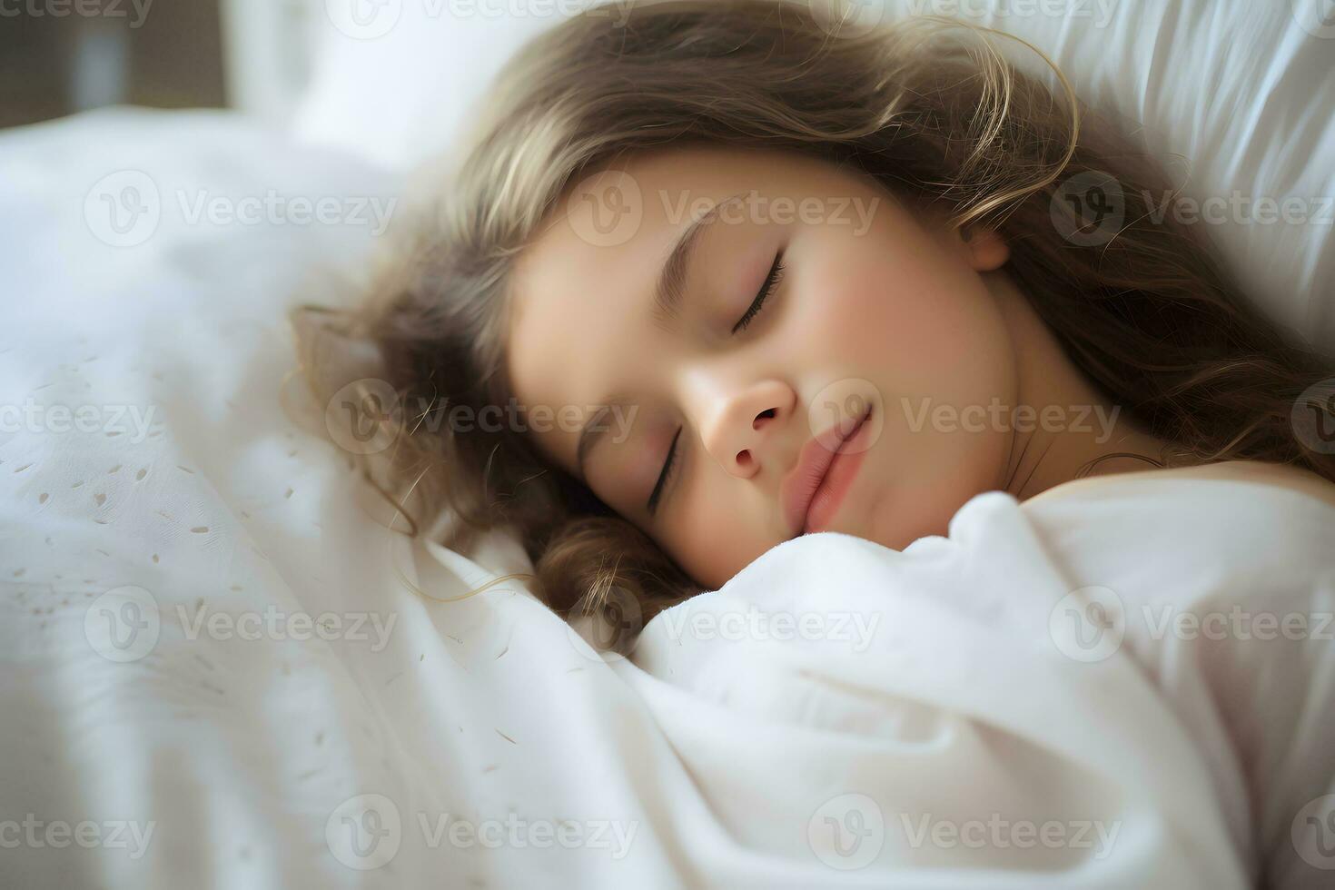 Mädchen schläft friedlich und süß im ihr Bett und hat fabelhaft Träume. ai generativ foto