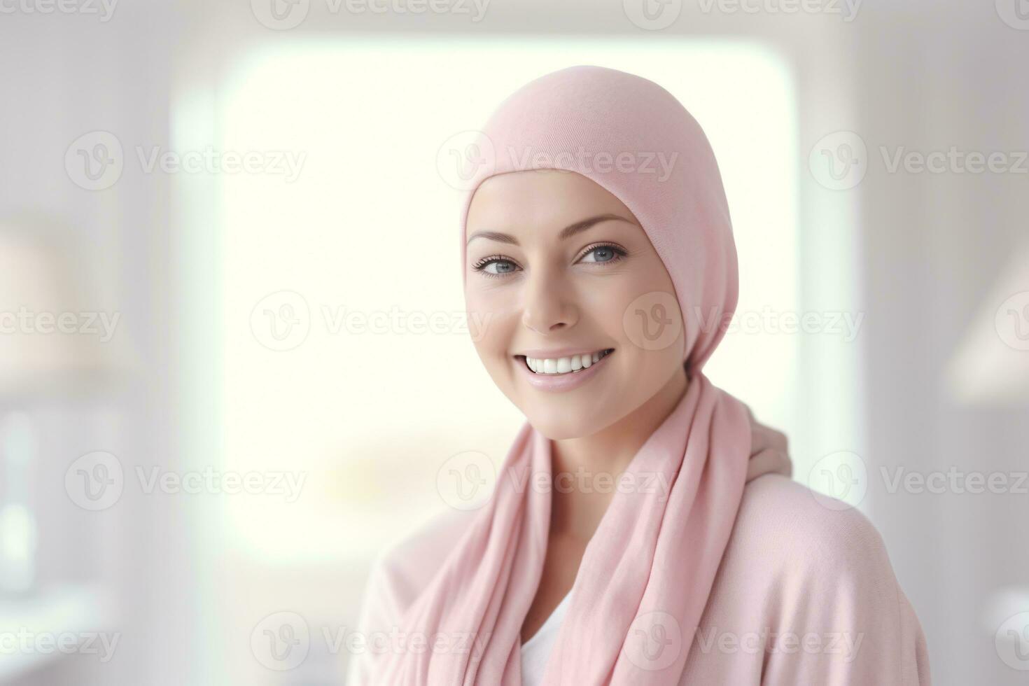 glücklich Krebs geduldig. lächelnd Frau nach Chemotherapie Behandlung beim Krankenhaus Onkologie Abteilung. Brust Krebs Erholung. Brust Krebs Überlebende. Porträt lächelnd kahl Frau. generativ ai. foto