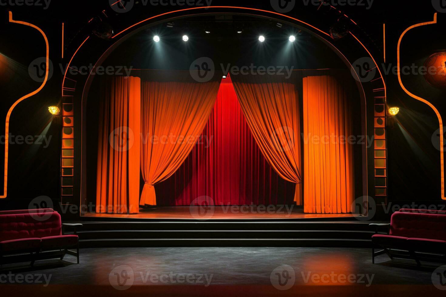 Theater Bühne Licht Hintergrund mit Scheinwerfer beleuchtet das Bühne zum Oper Leistung. Bühne Beleuchtung. leeren Bühne mit hell Farben Hintergrund Dekoration. Unterhaltung zeigen. generativ ai. foto