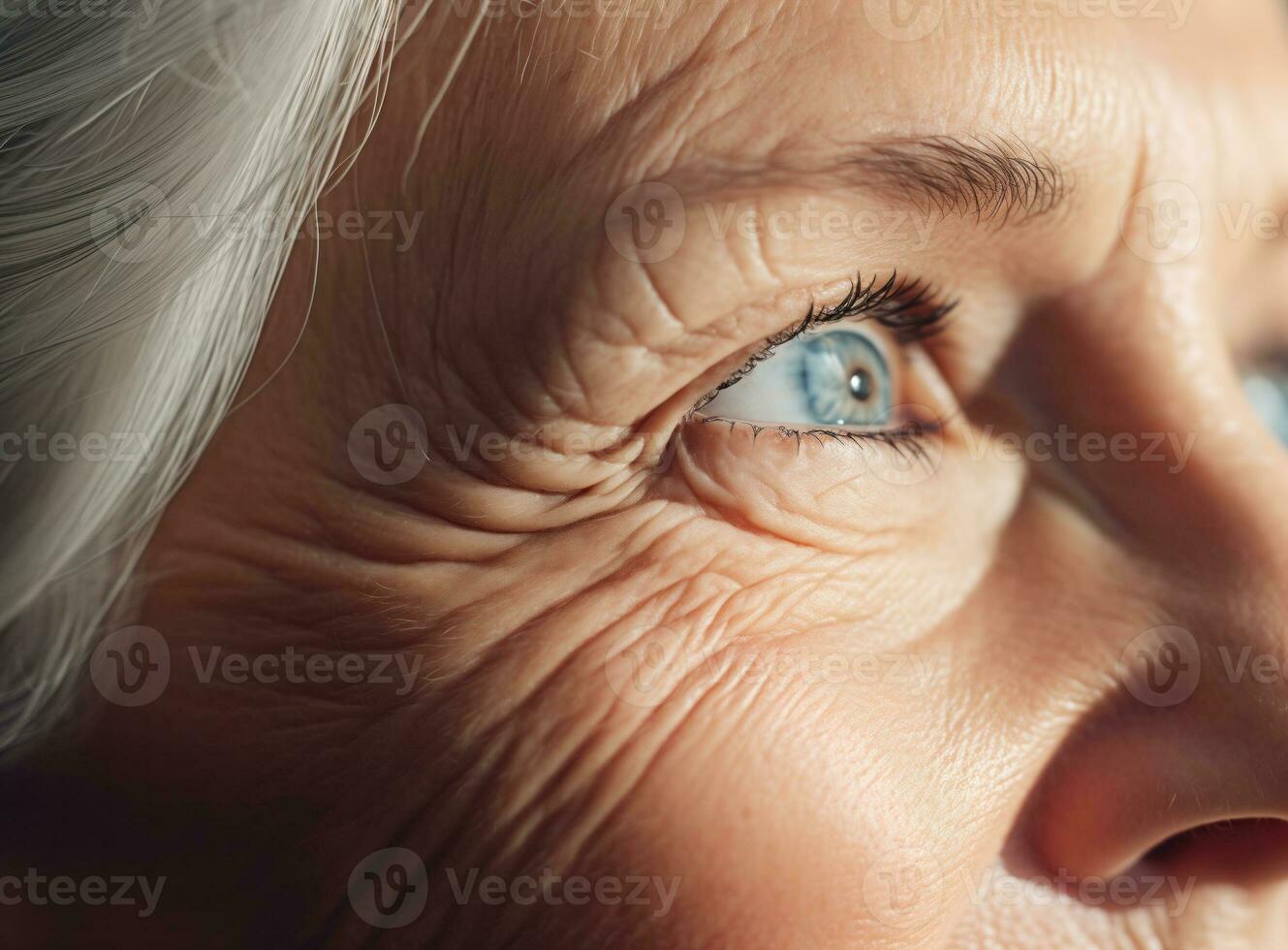 ein Nahansicht von ein Senior Frau mit Blau Auge. ai generiert foto