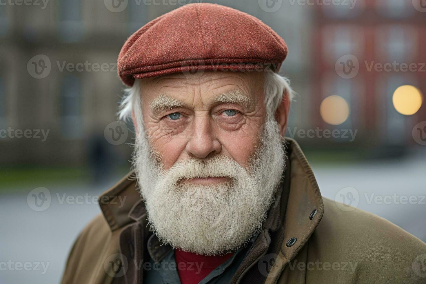 Senior Mann im Winter Kleidung. städtisch Lebensstil, Straße Porträt ai generativ foto