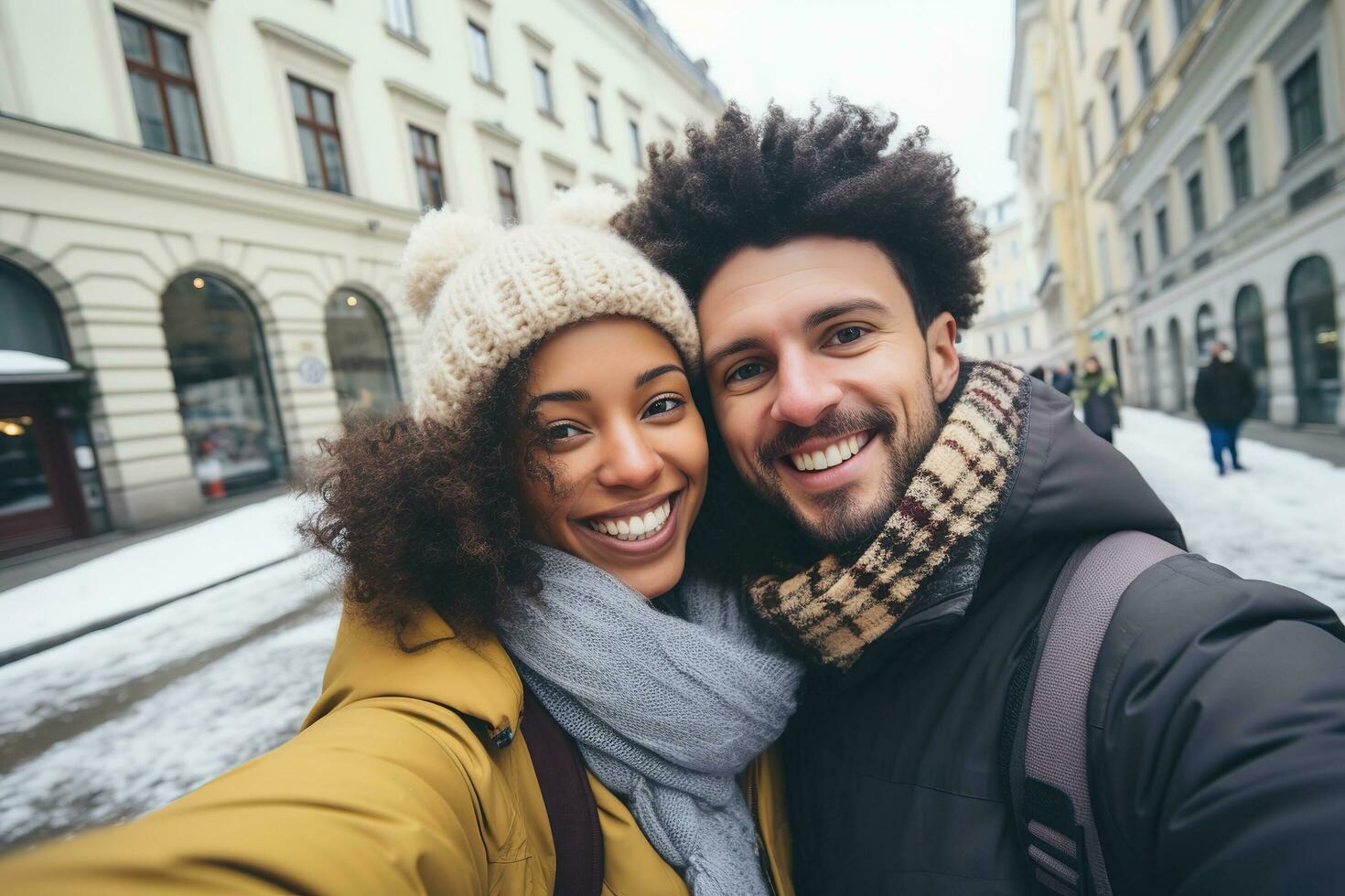 ai generiert interracial Paar im Stadt auf Winter Europa Urlaub. Lebensstil und Reise foto