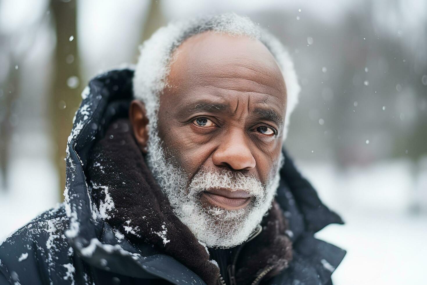 ai generiert Senior schwarz Mann im Winter Kleidung. Lebensstil, Straße Porträt foto