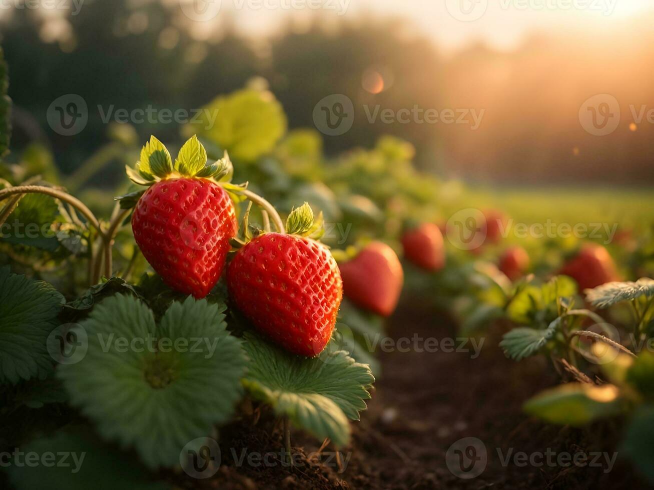 Erdbeere Bauernhof mit Sonnenaufgang. ai generiert foto