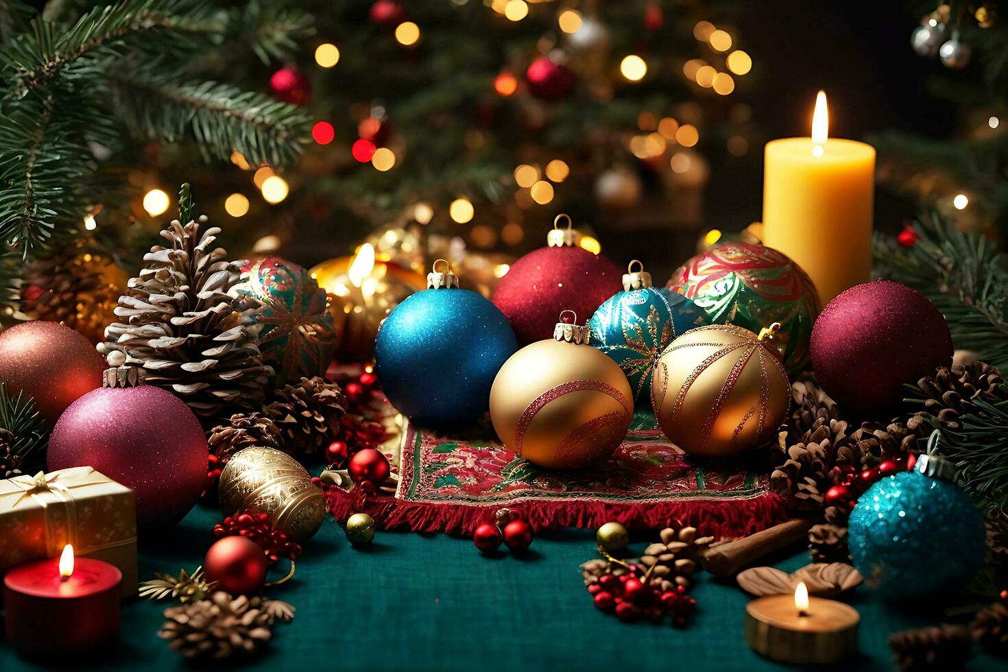 Erfahrung ein global Feier mit ein KI-gefertigt Weihnachten Komposition. vielfältig Tanne Baum Geäst und Ornamente vertreten multikulturell Urlaub Traditionen, Förderung Einheit und Vielfalt während foto