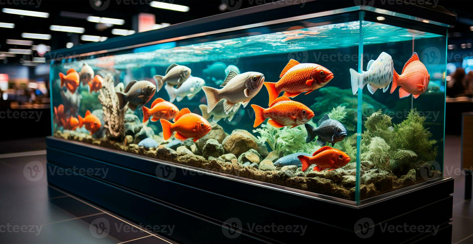 Aquarium von das Lebensmittelgeschäft Abteilung von ein Supermarkt, Fisch von anders Sorten - - ai generiert Bild foto