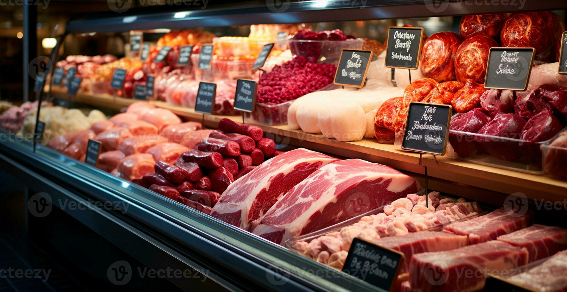Geschäft Fenster zum rot roh Fleisch, Rindfleisch, Schweinefleisch, Hähnchen. Diät Lebensmittel. Fleisch Supermarkt - - ai generiert Bild foto