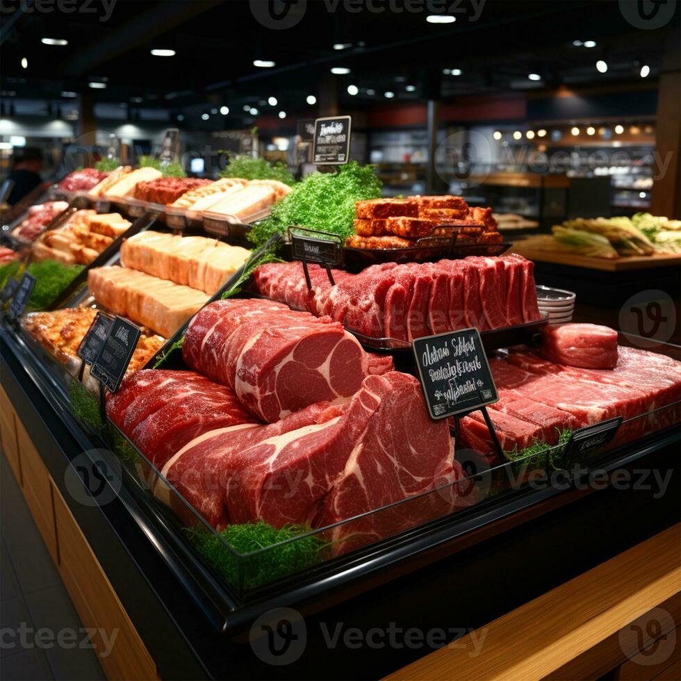 frisch Fleisch Produkte, Rindfleisch, Schweinefleisch im das Kühlschrank auf Anzeige im ein Supermarkt, gesund Essen - - ai generiert Bild foto