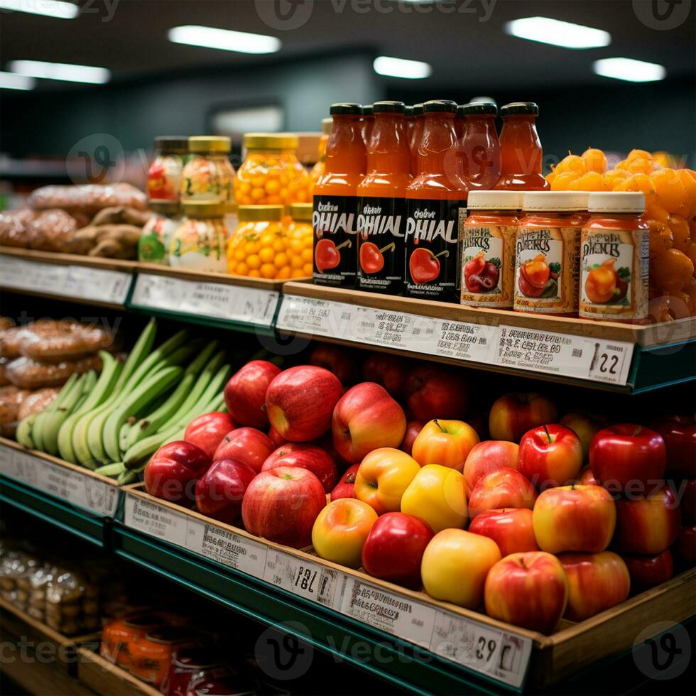 Lebensmittelgeschäft speichern, Obst Schalter, Saft Getränke Nahansicht - - ai generiert Bild foto