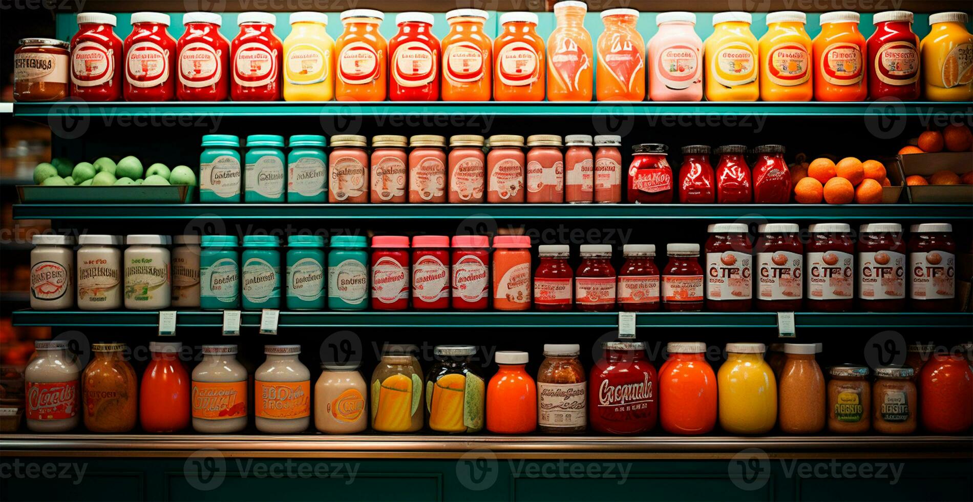 Lebensmittelgeschäft speichern, Obst Schalter, Getränke, Säfte, Marmeladen auf Anzeige im ein Supermarkt - - ai generiert Bild foto
