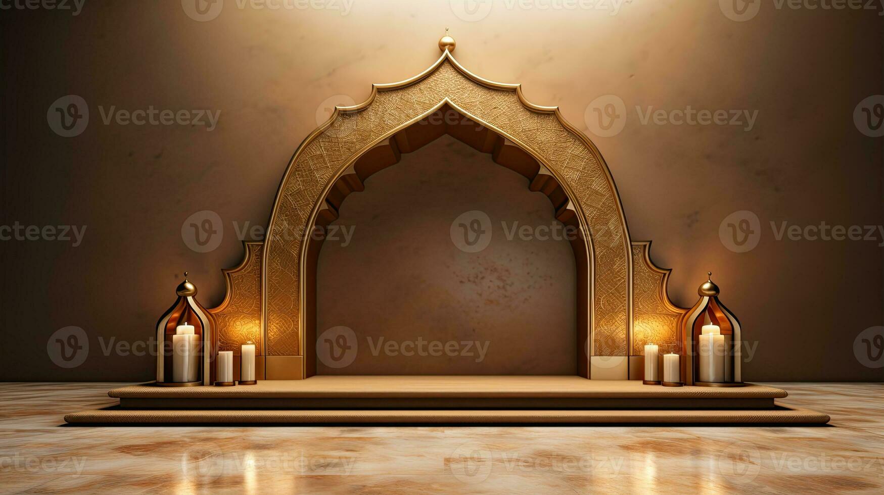 Podium Hintergrund. Ramadan Urlaub Minimalismus Stil . Arabisch Design mit Schatten von Beige Gold Farben. ai generiert foto