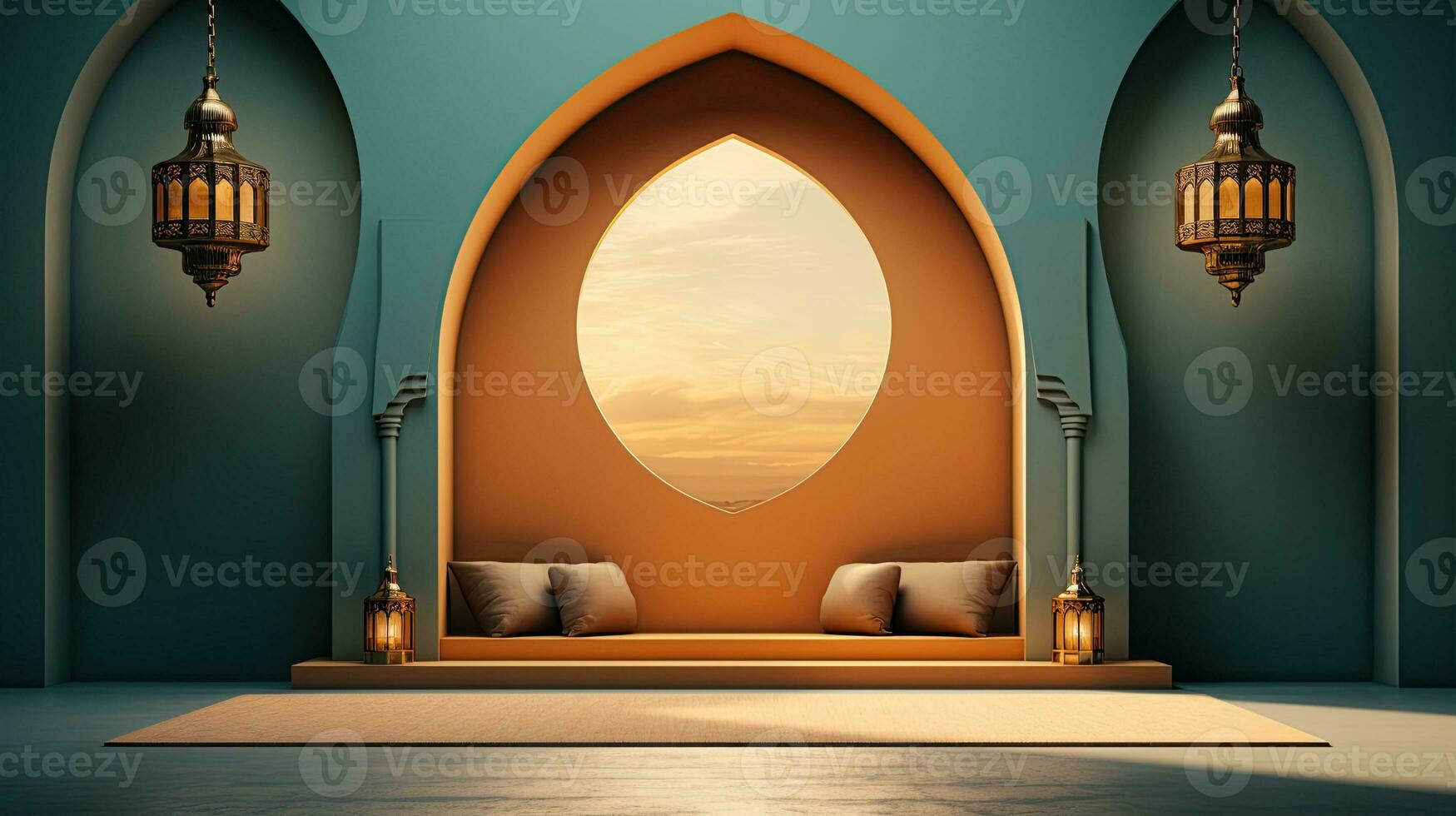 Grün Podium mit Beige Elemente im Arabisch minimalistisch Stil. Podium im das Stil von Ramadan, eid Mubarak. ai generiert foto