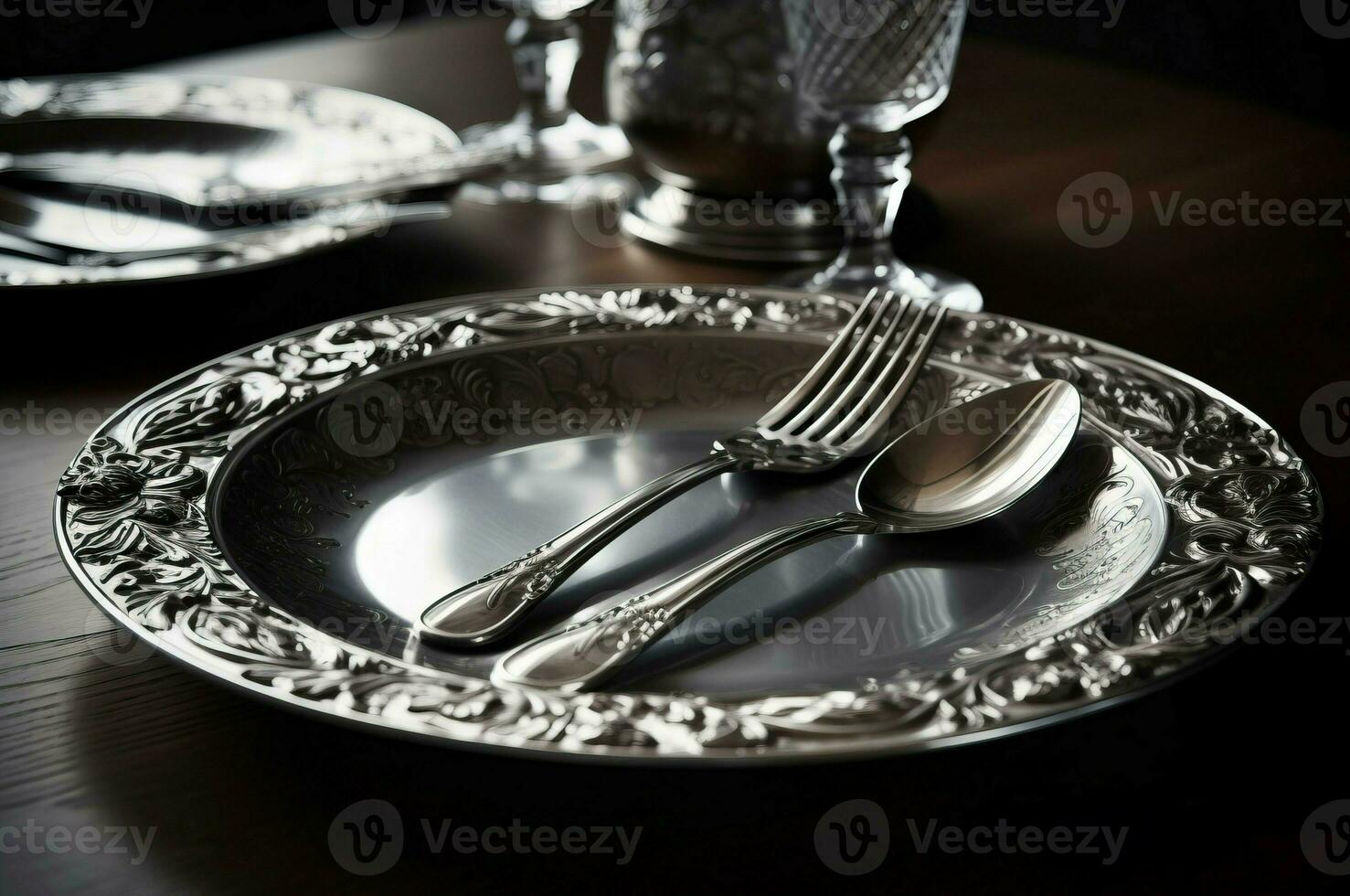 Silber Teller Portion Abendessen. generieren ai foto